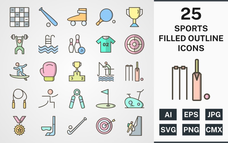 Download Набор иконок "25 SPORTS AND GAMES FILLED OUTLINE PACK Icon Set" / 25 SPORTS AND GAMES FILLED OUTLINE PACK Icon Set - Набор иконок на тему sports set,file,icon,icons,filled,round,vector,sign,symbol,pictogram,outline,sports,games,chess,goal,yoga,bowling,boxing,bullseye,hockey