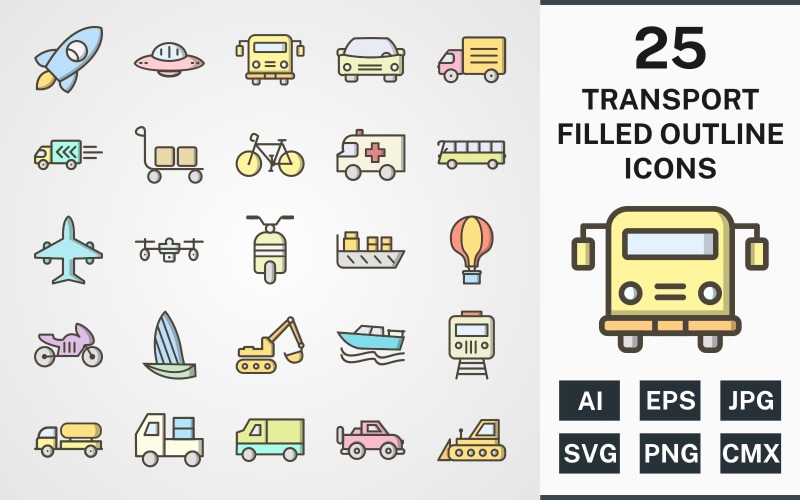 Download Набор иконок "25 TRANSPORT FILLED OUTLINE PACK Icon Set" / 25 TRANSPORT FILLED OUTLINE PACK Icon Set - Набор иконок на тему transport set,file,icon,icons,filled,round,vector,sign,symbol,pictogram,outline,transport,car,bus,boat,van,carrier,jeep,airplane,scooter