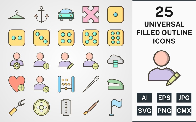 Download Набор иконок "25 UNIVERSAL FILLED OUTLINE PACK Icon Set" / 25 UNIVERSAL FILLED OUTLINE PACK Icon Set - Набор иконок set,file,icon,icons,filled,round,vector,sign,symbol,pictogram,outline,universal,hanger,dice six,flag,needle,edit profile,staper,button,blade