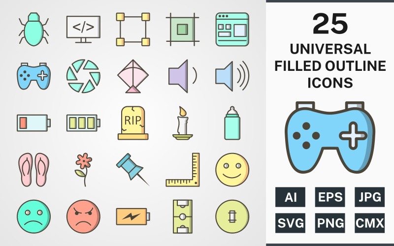 Download Набор иконок "25 UNIVERSAL FILLED OUTLINE PACK Icon Set" / 25 UNIVERSAL FILLED OUTLINE PACK Icon Set - Набор иконок на тему data set,file,icon,icons,filled,round,vector,sign,symbol,pictogram,outline,universal,flower,kite,bug,shutter,layout,candle,grave,low battery