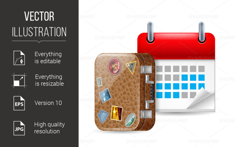 Download Vector "Vacation Icon - Vector Image" / Vacation Icon - Vector Image - Vector на тему графика calendar,vacation,icon,with,suitcase,time,lear,plan,date,reminder,case,adventure,order,tourist,vintage,trip,year,note,week,red