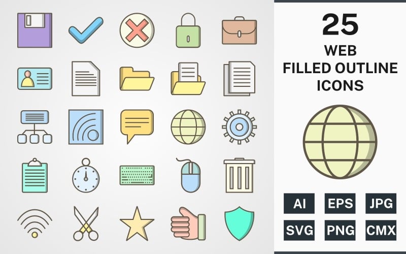 Download Набор иконок "25 WEB FILLED OUTLINE PACK Icon Set" / 25 WEB FILLED OUTLINE PACK Icon Set - Набор иконок на тему maps set,file,icon,icons,filled,round,vector,sign,symbol,pictogram,outline,web,sitemap,save,valid,cancel,documents,golbe,settings,wifi