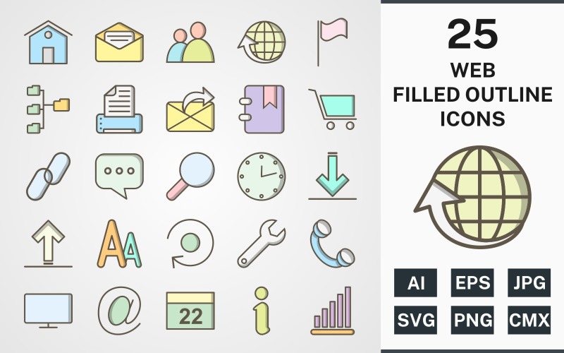 Download Набор иконок "25 WEB FILLED OUTLINE PACK Icon Set" / 25 WEB FILLED OUTLINE PACK Icon Set - Набор иконок на тему data set,file,icon,icons,filled,round,vector,sign,symbol,pictogram,outline,web,print,users,emial,chat,clock,download,redresh,configure