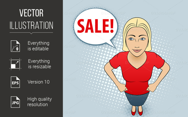 Download Vector "Woman Gesturing - Vector Image" / Woman Gesturing - Vector Image - Vector на тему графика woman,red,blouse,sale,cartoon,illustration,discount,beautiful,pop,open,bubble,vector,style,fashion,thirty,comic,retro,hair,face,kitsch