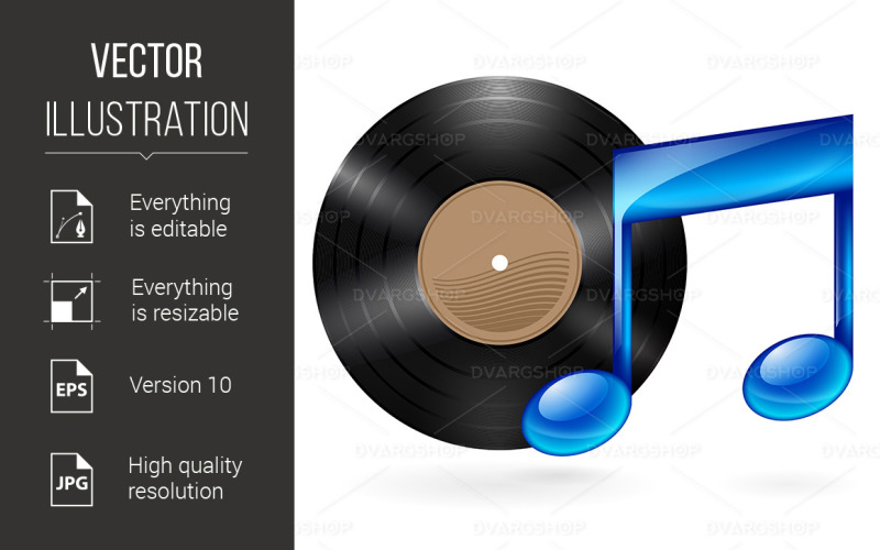Download Vector "Music Icon - Vector Image" / Music Icon - Vector Image - Vector на тему графика music,vinyl,icon,disc,blue,musical,note,black,glossy,object,shiny,audio,song,pop,melody,compose,rock,gramophone,element,vintage