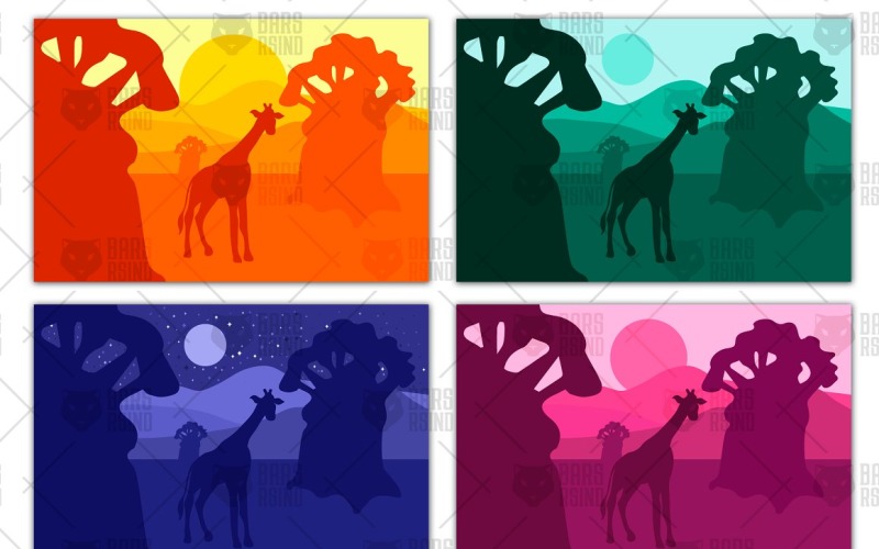 Download Vector "African Safari Park Landscape - Vector Image" / African Safari Park Landscape - Vector Image - Vector на тему графика panorama,africa,safari,landscape,giraffe,animal,background,sun,baobab,nature,illustration,sky,african,countryside,savanna,vector,sunset,sunrise,night,wildlife