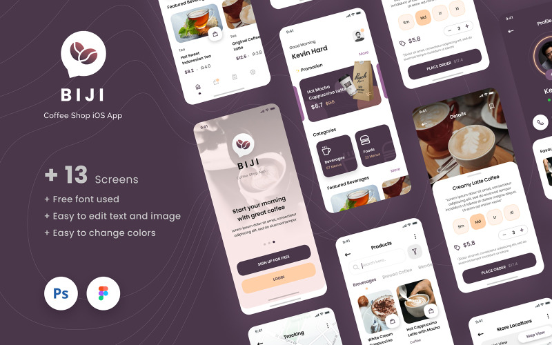 Biji - Kávézó iOS App Design UI sablon