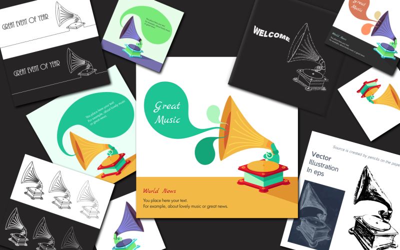 Download Vector "Music From Gramophone - Vector Image" / Music From Gramophone - Vector Image - Vector на тему графика antique,art,audio,banner,choir,classic,clefs,concept,decoration,festival,gramophone,illustration,music,musical,song,concert,retro,vinyl,vintage,patephone