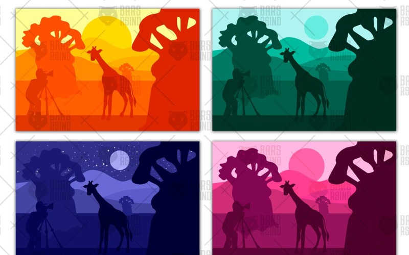 Download Vector "Photographer Photographs Giraffe - Vector Image" / Photographer Photographs Giraffe - Vector Image - Vector на тему графика flat,safari,sunrise,africa,wildlife,giraffe,park,wild,hill,nature,animal,scene,savanna,travel,kenya,photograher,videographer,baobab,night,sunset