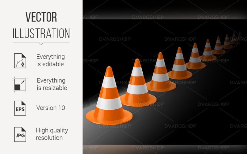 Download Vector "Row of Traffic Cones - Vector Image" / Row of Traffic Cones - Vector Image - Vector на тему графика road,traffic,row,prevent,construction,cones,orange,black,sign,safety,obstacle,perspective,protection,stop,precaution,danger,safe,isolated,security,measure