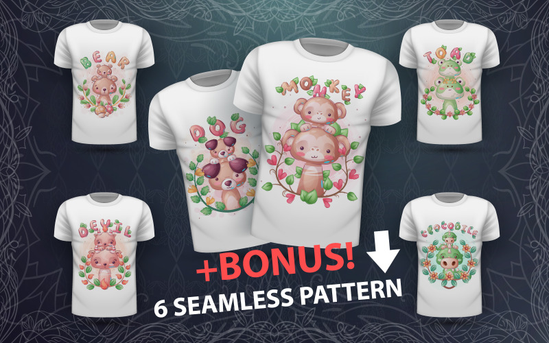 Download Иллюстрация "Set Cute Animal - Seamless Pattern - Illustration" / Set Cute Animal - Seamless Pattern - Illustration - Иллюстрация на тему графика bear,dog,puppy,monkey,devil,toad,frog,crocodile,seamless,pattern,cartoon,character,characters,wild,animal,animals,pet,toy,cute,pretty