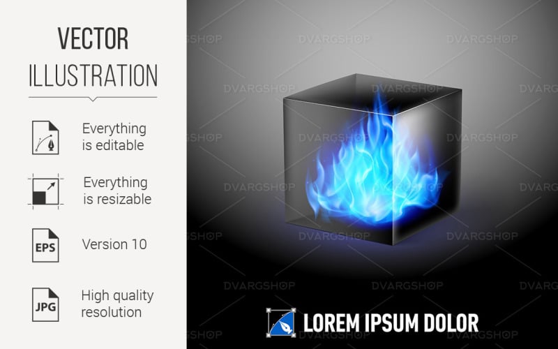 Download Vector "Cube with Fire Flames - Vector Image" / Cube with Fire Flames - Vector Image - Vector на тему графика fire,cube,flames,with,sphere,logo,inside,black,blue,illustration,eruption,blank,abstract,shape,decoration,fiery,background,shining,icon,gas