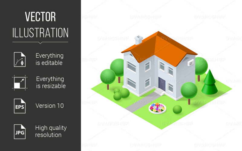 Download Vector "Isometric Home - Vector Image" / Isometric Home - Vector Image - Vector на тему графика isometric,home,green,small,flat,architecture,traditional,cottage,mansion,housing,door,construct,built,nature,ground,conceptual,residence,design,residential,roof