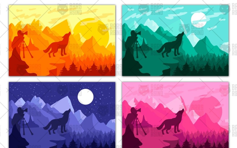 Download Vector "Photographer photographs wolf - Vector Image" / Photographer photographs wolf - Vector Image - Vector на тему графика wildlife,wild,photographer,photo,wolf,moon,scene,landscape,hill,savanna,animal,photography,travel,mountain,land,sunset,sunrise,day,night,morning