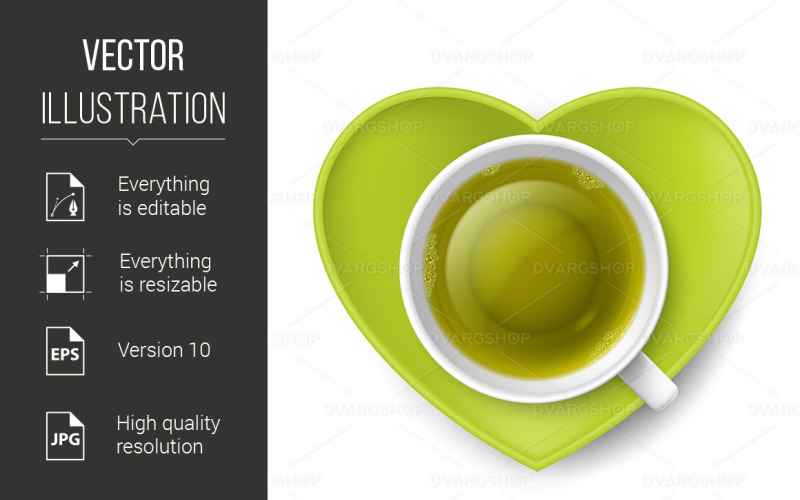 Download Vector "Romantic Tea Drinking - Vector Image" / Romantic Tea Drinking - Vector Image - Vector на тему графика tea,green,heart,romantic,cup,love,shape,saucer,one,gift,romance,emblem,top view,realistic,card,white,present,decoration,drink,healthy