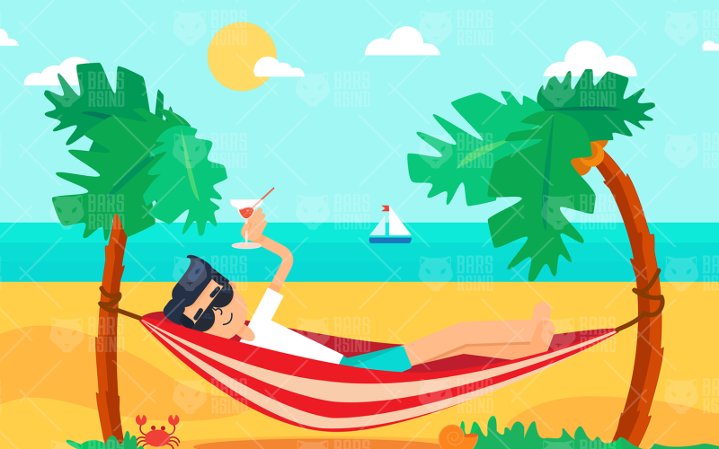 Download Vector "Sun and Sea Vacation On The Island - Vector Image" / Sun and Sea Vacation On The Island - Vector Image - Vector на тему графика hammock,vacation,beach,sea,palm,vector,summer,illustration,tropical,rest,sun,ocean,relax,nature,travel,holiday,sand,island,people,character