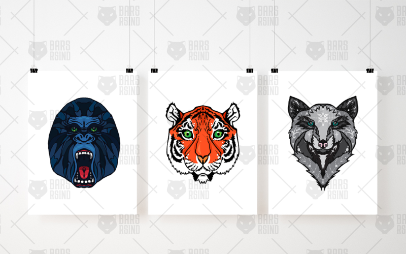 Download Иллюстрация "3 Wild Animals - Illustration" / 3 Wild Animals - Illustration - Иллюстрация на тему графика tiger,vector,mammal,power,illustration,art,wild,nature,animal,wildlife,cartoon,cat,mascot,predator,gorilla,monkey,dog,wolf,print,free