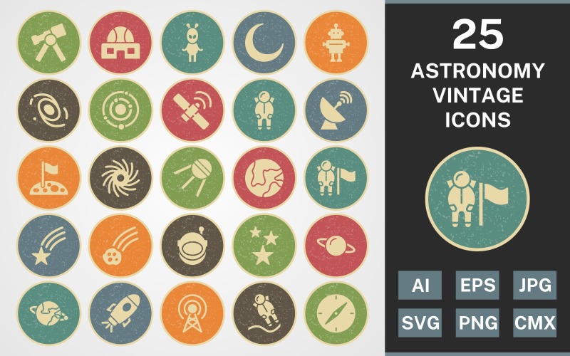 Download Набор иконок "25 ASTRONOMY VINTAGE PACK Icon Set" / 25 ASTRONOMY VINTAGE PACK Icon Set - Набор иконок на тему science set,file,icon,icons,vintage,round,vector,sign,symbol,pictogram,line,astronomy,astronout,galaxy,telescope,stars,compass,falling star,space station,solar system