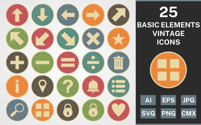 Download Набор иконок "25 BASIC ELEMENTS VINTAGE PACK Icon Set" / 25 BASIC ELEMENTS VINTAGE PACK Icon Set - Набор иконок на тему data set,file,icon,icons,vintage,round,vector,sign,symbol,pictogram,line,basic elements,up,down,apps,lock,list,minus,delete,divide