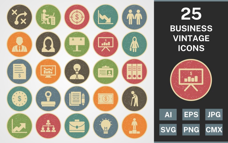 Download Набор иконок "25 BUSINESS VINTAGE PACK Icon Set" / 25 BUSINESS VINTAGE PACK Icon Set - Набор иконок на тему business set,file,icon,icons,vintage,round,vector,sign,symbol,pictogram,line,business,workspace,invoice,billboard,files,growth,idea,success,stamp