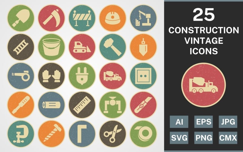 Download Набор иконок "25 CONSTRUCTION VINTAGE PACK Icon Set" / 25 CONSTRUCTION VINTAGE PACK Icon Set - Набор иконок на тему industrial set,file,icon,icons,vintage,round,vector,sign,symbol,pictogram,line,construction,trowel,ladder,bucket,vise,ruler,helmet,hammer,bulldozer