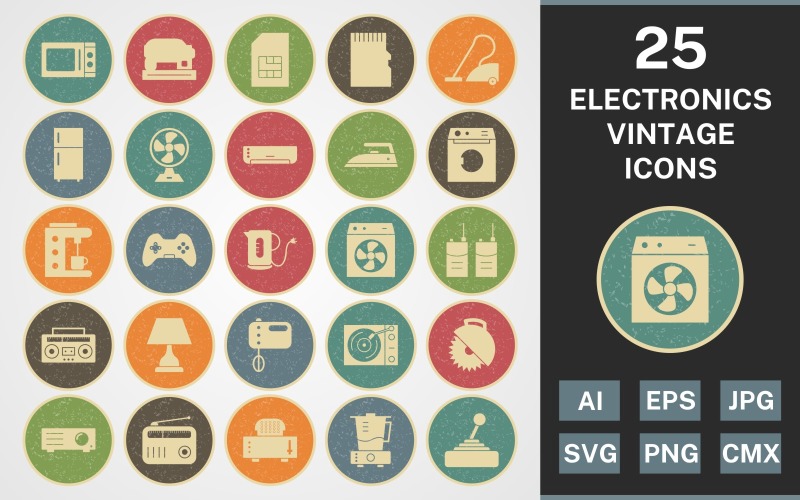 Download Набор иконок "25 ELECTRONIC DEVICES VINTAGE PACK Icon Set" / 25 ELECTRONIC DEVICES VINTAGE PACK Icon Set - Набор иконок на тему computer set,file,icon,icons,vintage,round,vector,sign,symbol,pictogram,line,elctronic,devices,lamp,radio,juicer,fridge,washing machine,iron,ac
