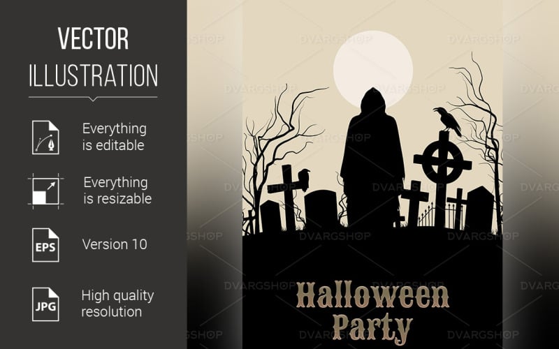 Download Vector "Halloween Party on a Spooky Graveyard - Vector Image" / Halloween Party on a Spooky Graveyard - Vector Image - Vector на тему графика halloween,graveyard,party,spooky,gothic,grim,night,sepia,silhouette,shadow,vector,die,old,figure,creepy,symbol,scene,fall,robe,black