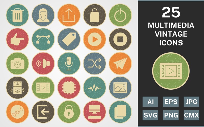 Download Набор иконок "25 MULTIMEDIA VINTAGE PACK Icon Set" / 25 MULTIMEDIA VINTAGE PACK Icon Set - Набор иконок на тему data set,file,icon,icons,vintage,round,vector,sign,symbol,pictogram,line,multimedia,logout,copy,shuffle,play,stop,upload,speaker,sign in
