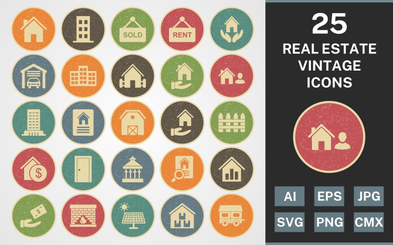 Download Набор иконок "25 REAL ESTATE VINTAGE PACK Icon Set" / 25 REAL ESTATE VINTAGE PACK Icon Set - Набор иконок на тему city set,file,icon,icons,vintage,round,vector,sign,symbol,pictogram,line,real estate,house,garage,building,farm house,loan,agent,flat,mortgage