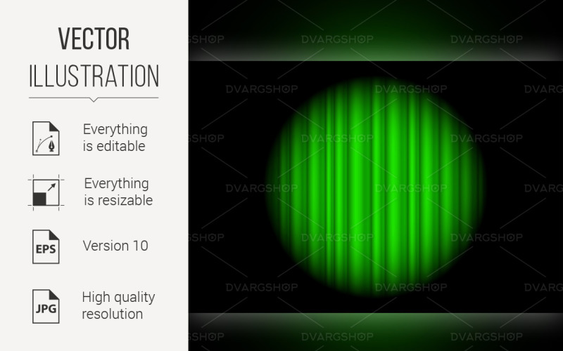 Сцена с зеленым занавесом и большим прожектором - изображение в векторном формате