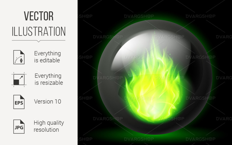 Download Vector "Sphere with Fire Flames - Vector Image" / Sphere with Fire Flames - Vector Image - Vector на тему графика sphere,fire,black,flames,with,green,inside,background,reflection,backdrop,flare,glass,hazard,hell,logo,future,energy,symbol,shape,icon