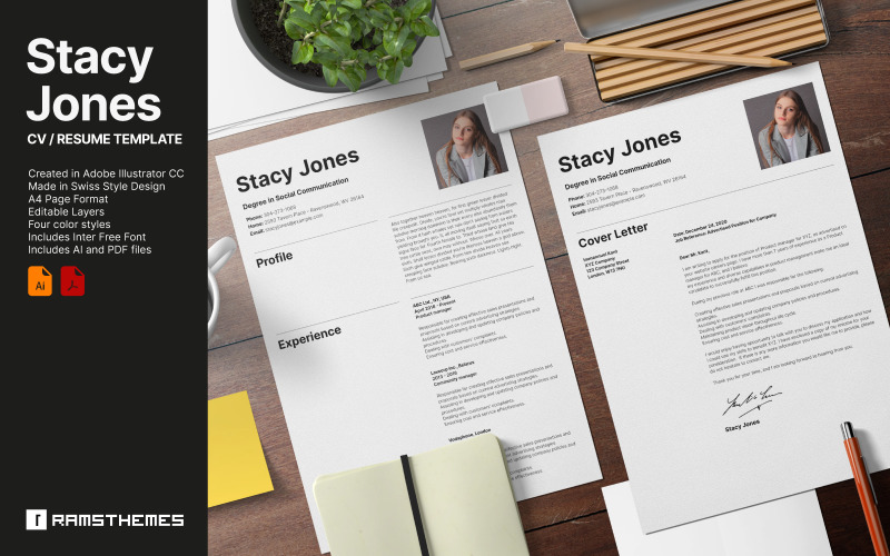 Download Резюме "Stacy Jones - CV Resume in Swiss Style Resume Template" / Stacy Jones - CV Resume in Swiss Style Resume Template - Резюме на тему графика clean,creative,cv,curriculum,resume,illustrator,minimal,swiss,job,letter,editable,layered,typography,design,white,blue,yellow,red,pdf,easy