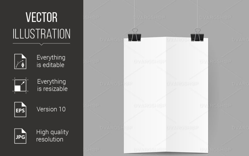 Download Vector "White Sheet of Paper Folded in Half Handing on Black Binder Clips - Vector Image" / White Sheet of Paper Folded in Half Handing on Black Binder Clips - Vector Image - Vector на тему графика paper,binder,sheet,folded,white,clips,half,black,hold,content,page,abstract,fold,text space,string,grey,open,wall,office,space