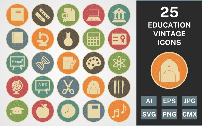 Download Набор иконок "25 EDUCATION VINTAGE PACK Icon Set" / 25 EDUCATION VINTAGE PACK Icon Set - Набор иконок на тему science set,file,icon,icons,vintage,round,vector,sign,symbol,pictogram,line,education,books,bagpack,notebook,flask,microscope,notes,markers,calculator