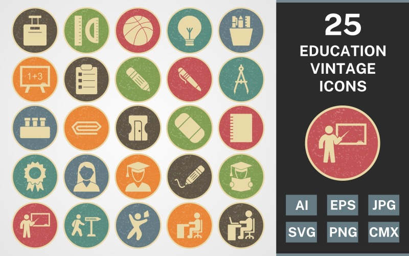 Download Набор иконок "25 EDUCATION VINTAGE PACK Icon Set" / 25 EDUCATION VINTAGE PACK Icon Set - Набор иконок на тему science set,file,icon,icons,vintage,round,vector,sign,symbol,pictogram,line,education,bag,writing,teaching,reading,pen,pin,gedree,compass
