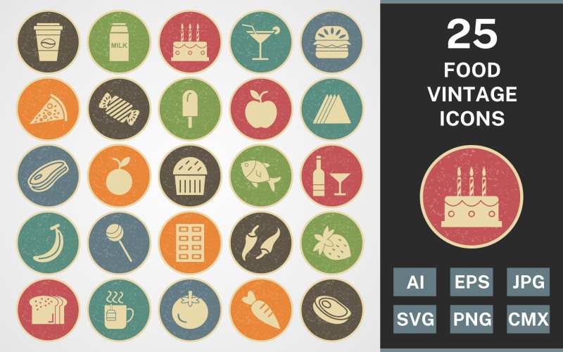 Download Набор иконок "25 FOOD VINTAGE PACK Icon Set" / 25 FOOD VINTAGE PACK Icon Set - Набор иконок на тему food set,file,icon,icons,vintage,round,vector,sign,symbol,pictogram,line,food,coffee,milk,snack,carrot,steak,orange,pizza,cake