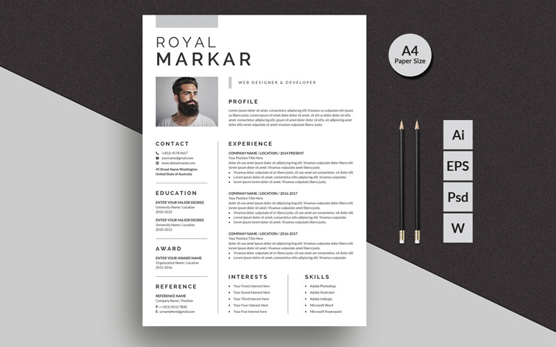 Download Резюме "Royal Professional Resume Template" / Royal Professional Resume Template - Резюме на тему графика resume,cv,clean resume,creative resume,word resume,infographic resume,modern resume,professional resume,student resume,resume mac pages,manager cv template,bankers resume,doctors resume,job s