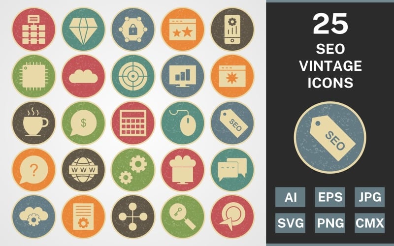 Download Набор иконок "25 SEO VINTAGE PACK Icon Set" / 25 SEO VINTAGE PACK Icon Set - Набор иконок на тему network set,file,icon,icons,vintage,round,vector,sign,symbol,pictogram,line,seo,network,settings,stats,conversation,starred,target,processor,diamond
