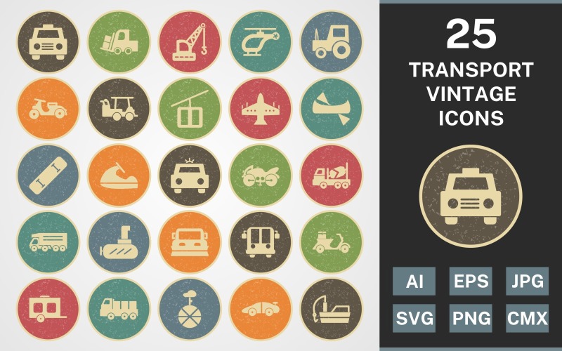 Download Набор иконок "25 TRANSPORT VINTAGE PACK Icon Set" / 25 TRANSPORT VINTAGE PACK Icon Set - Набор иконок на тему transport set,file,icon,icons,vintage,round,vector,sign,symbol,pictogram,line,transport,taxi,wagon,dumper,submarine,golf cart,vespa,loader,fishing boat