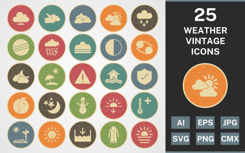 Download Набор иконок "25 WEATHER VINTAGE PACK Icon Set" / 25 WEATHER VINTAGE PACK Icon Set - Набор иконок на тему weather set,file,icon,icons,vintage,round,vector,sign,pictogram,line,weather,cloudy,hot,sunset,sheild,fog,beach umbella,snowman,dark ray,symbol