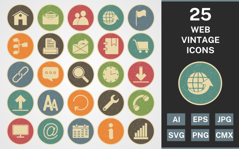 Download Набор иконок "25 WEB VINTAGE PACK Icon Set" / 25 WEB VINTAGE PACK Icon Set - Набор иконок на тему data set,file,icon,icons,vintage,round,vector,sign,symbol,pictogram,line,web,print,users,emial,chat,clock,download,redresh,configure