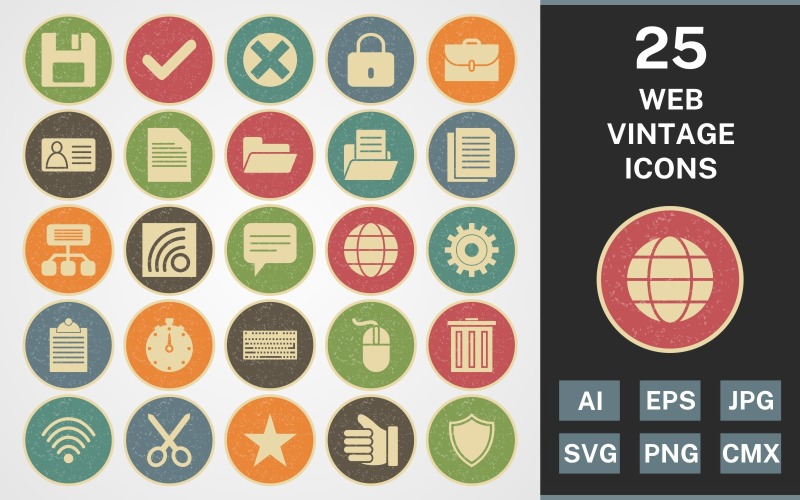 Download Набор иконок "25 WEB VINTAGE PACK Icon Set" / 25 WEB VINTAGE PACK Icon Set - Набор иконок на тему maps set,file,icon,icons,vintage,round,vector,sign,symbol,pictogram,line,web,sitemap,save,valid,cancel,documents,golbe,settings,wifi