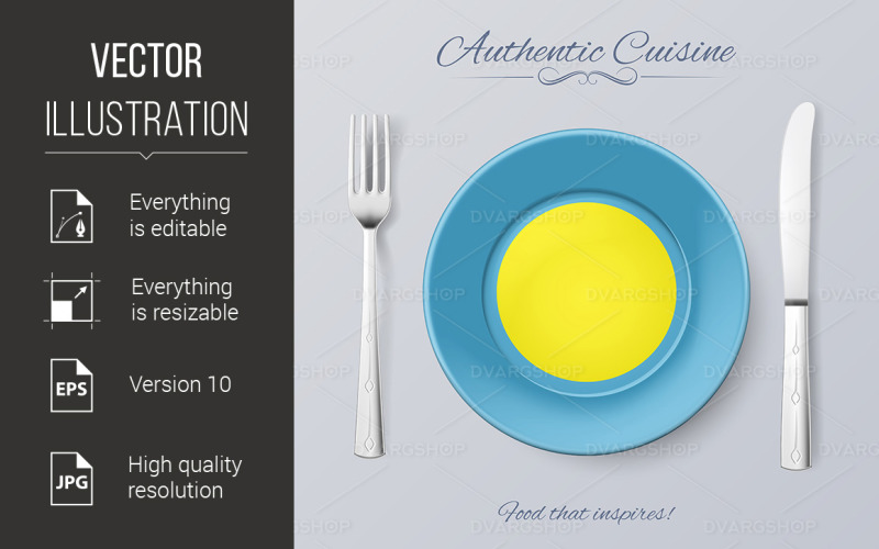 Download Vector "Authentic Cuisine of Palau - Vector Image" / Authentic Cuisine of Palau - Vector Image - Vector на тему графика auntic,cuisine,flag,icon,palau,cutlery,plate,palauan,restaurant,blue,app,yellow,white,history,food,dish,tasty,official,culture,shape