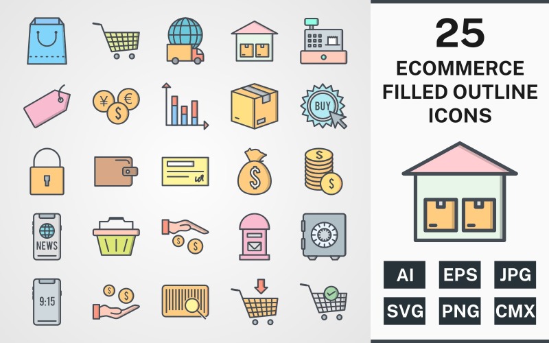 Download Набор иконок "25 ECOMMERCE FILLED OUTLINE PACK Icon Set" / 25 ECOMMERCE FILLED OUTLINE PACK Icon Set - Набор иконок на тему shopping set,file,icon,icons,filled,round,vector,sign,symbol,pictogram,outline,ecommerce,buy,security,tag,vault,add to cart,payment,basket,cheque