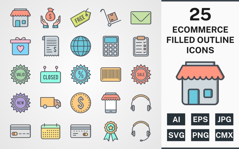 Download Набор иконок "25 ECOMMERCE FILLED OUTLINE PACK Icon Set" / 25 ECOMMERCE FILLED OUTLINE PACK Icon Set - Набор иконок на тему shopping set,file,icon,icons,filled,round,vector,sign,symbol,pictogram,outline,ecommerce,envelope,saving,trolley,new,sale,atm,shop,discount