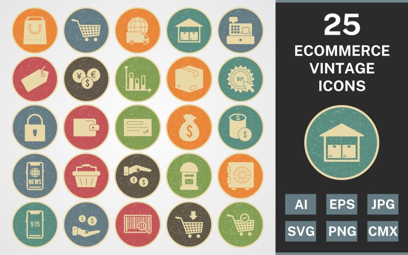 Download Набор иконок "25 ECOMMERCE VINTAGE PACK Icon Set" / 25 ECOMMERCE VINTAGE PACK Icon Set - Набор иконок на тему shopping set,file,icon,icons,vintage,round,vector,sign,symbol,pictogram,line,ecommerce,buy,security,tag,vault,add to cart,payment,basket,cheque