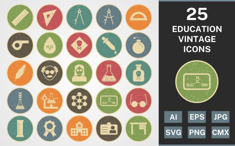 Download Набор иконок "25 EDUCATION VINTAGE PACK Icon Set" / 25 EDUCATION VINTAGE PACK Icon Set - Набор иконок на тему science set,file,icon,icons,vintage,round,vector,sign,symbol,pictogram,line,education,toxic,scale,school,award,chemicals,beaker,divider,compass