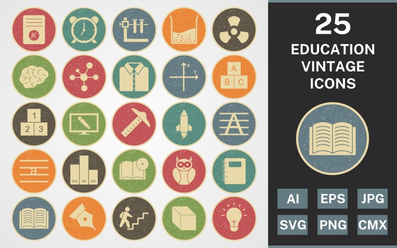 Download Набор иконок "25 EDUCATION VINTAGE PACK Icon Set" / 25 EDUCATION VINTAGE PACK Icon Set - Набор иконок на тему science set,file,icon,icons,vintage,round,vector,sign,symbol,pictogram,line,education,brain,cube,book dvd,open book,electron,alarm,notepad,radiation
