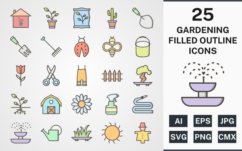 Download Набор иконок "25 GARDENING FILLED OUTLINE PACK Icon Set" / 25 GARDENING FILLED OUTLINE PACK Icon Set - Набор иконок на тему nature set,file,icon,icons,filled,round,vector,sign,symbol,pictogram,outline,gardening,sprout,pail,hose,barn,root,grass,watercan,trowel