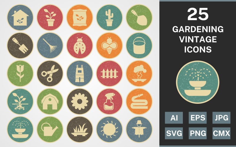 Download Набор иконок "25 GARDENING VINTAGE PACK Icon Set" / 25 GARDENING VINTAGE PACK Icon Set - Набор иконок на тему nature set,file,icon,icons,vintage,round,vector,sign,symbol,pictogram,line,gardening,sprout,pail,hose,barn,root,grass,watercan,trowel